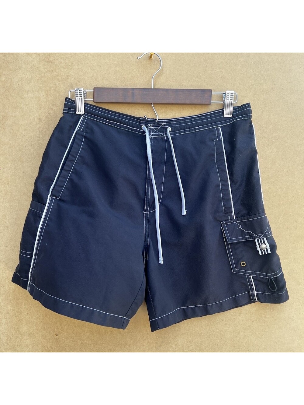Men’s Black Solid Swim Trunks Drawstring Elastic Waist Pockets Back Pocket